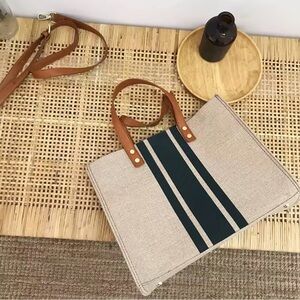 Canvas Tote Bag with Leather Handles and Navy Stripe #Totebags #canvabags